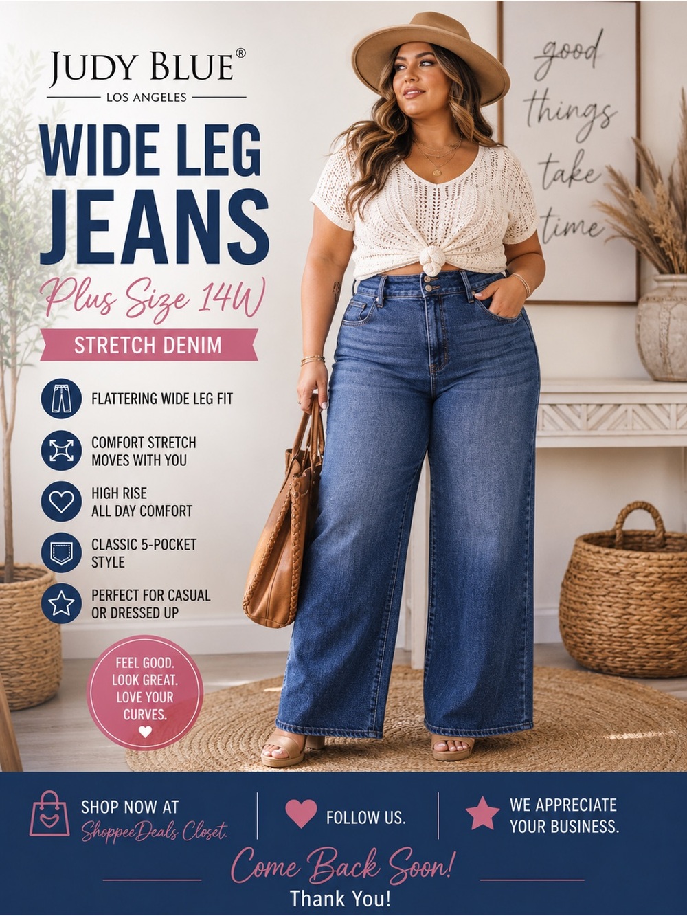 Judy Blue Wide Leg Jeans – Women’s Plus Size 14W – Stretch Denim